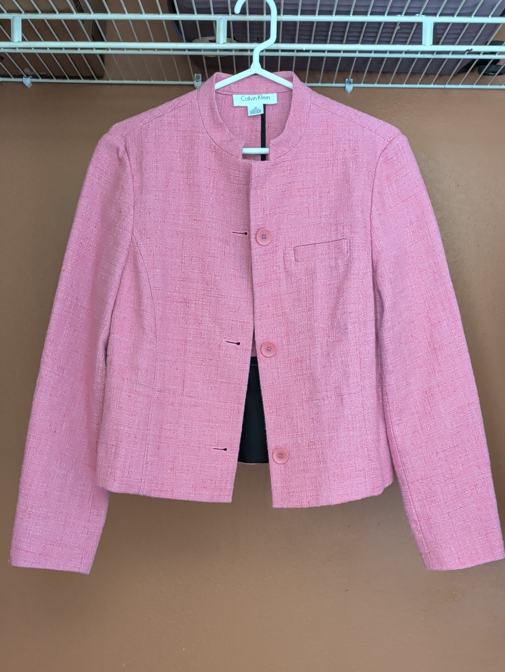 Calvin Klein Pink Tweed Collarless Button Jacket